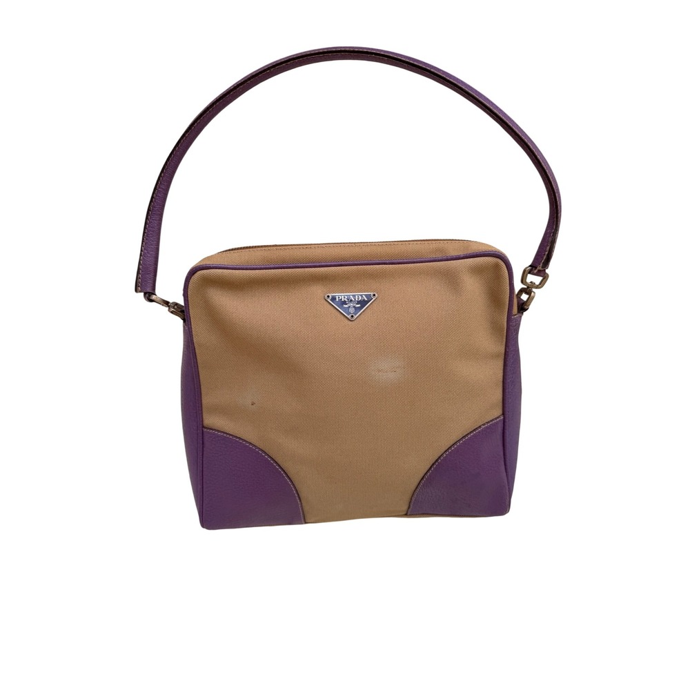 Prada Canapa Cinghiale Shoulder Bag Tan Purple Canvas Leather Vintage Y2K